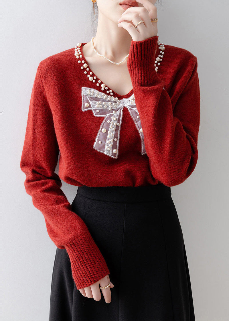 Red Bow Nail Bead Knit Sweaters Winter