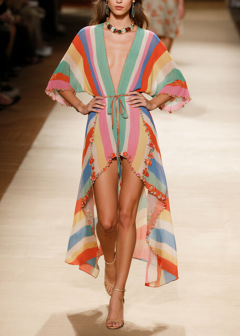 Rainbow Asymmetrical Striped Chiffon Beach Dress Summer