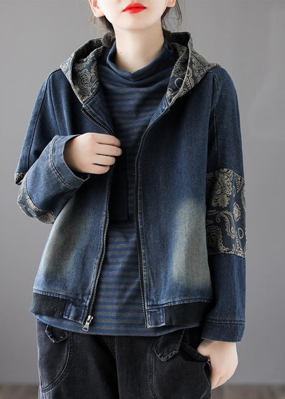 Blue V Neck Print Patchwork Zippered Cotton Denim Coat Long Sleeve