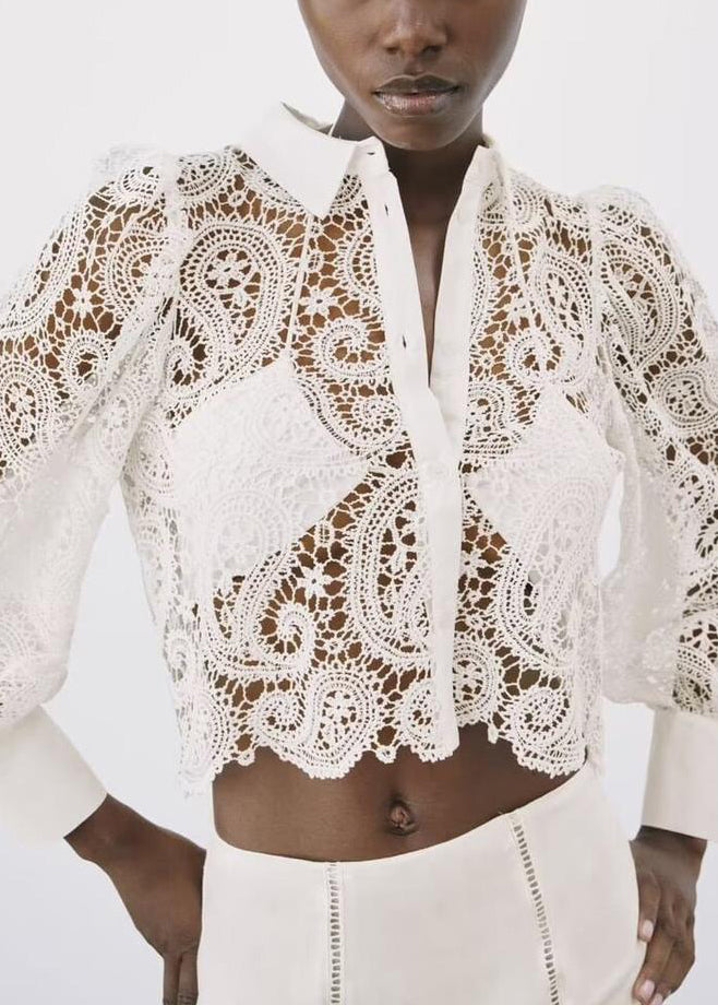 White Peter Pan Collar Hollow Out Lace Shirt Fall