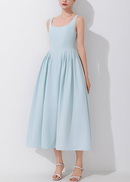 Blue Square Collar High Waist Spaghetti Strap Dress Sleeveless