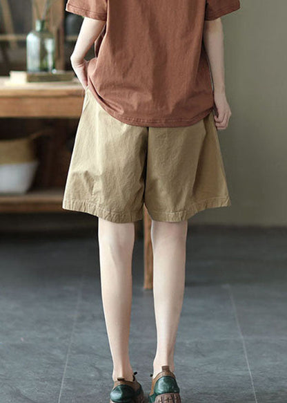 Khaki Pockets Cotton Overalls Shorts Elastic Waist Summer