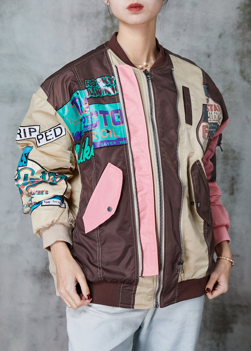 Original Design Colorblock Zip Up Patchwork Fine Cotton Filled Coats Spring