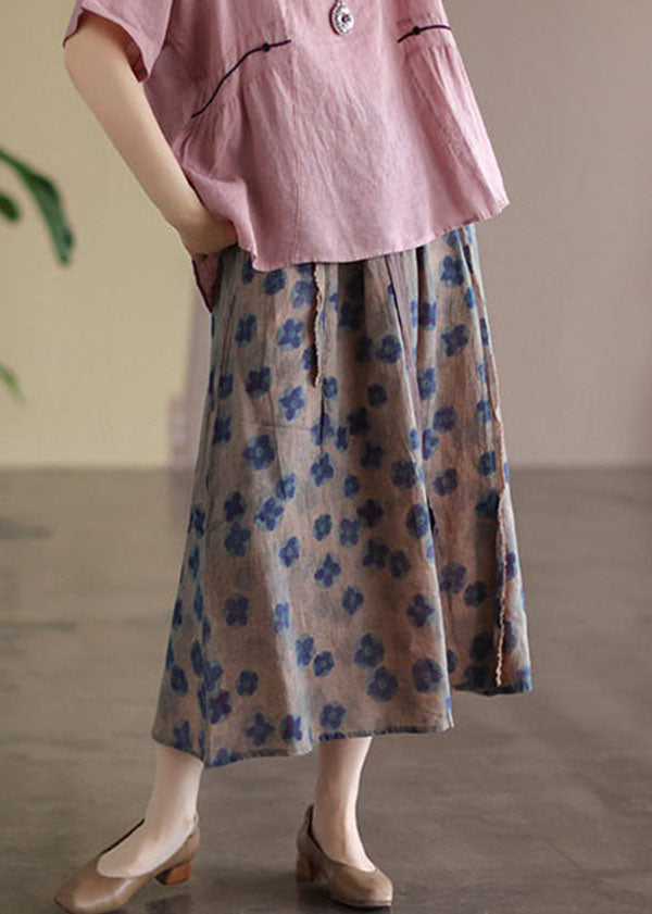 Khaki Elastic Waist Print Linen Skirts Summer