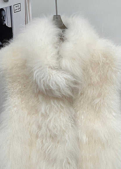 Handmade Beige Stand Collar Leather and Fur Coat Sleeveless