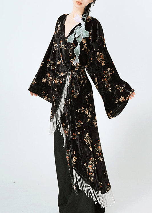Black Asymmetrical Print Lace Up Velour Silk Dress Spring