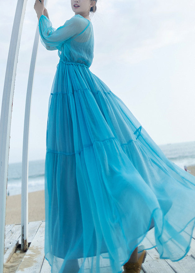Unique Water Blue Patchwork Wrinkled Chiffon Maxi Dresses Long Sleeve