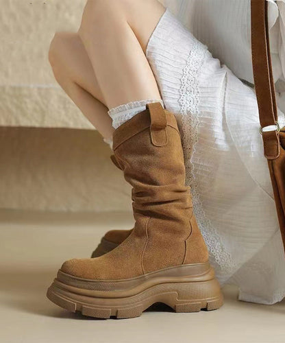 Comfortable Splicing Platform Boots Brown Suede