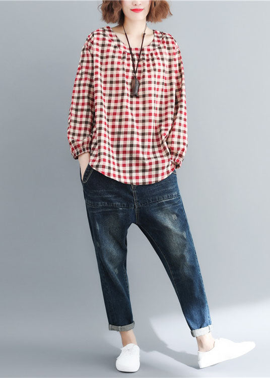 Red O-neck Plaid Cotton Loose Tops Spring