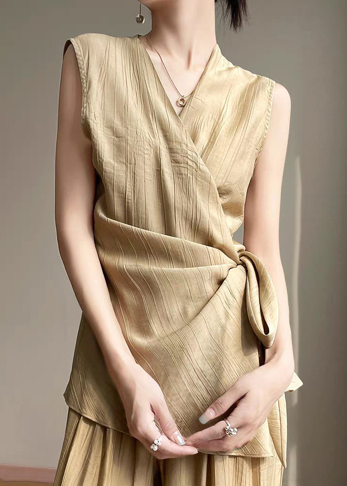 Khaki Lace Up Cotton Sleeveless Shirts V Neck