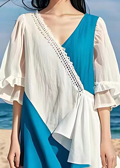 White V Neck Patchwork Cotton Dress Butterfly Sleeve