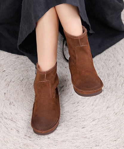 Soft Grey Zippered Boots Cowhide Leather Cross Strap Boots