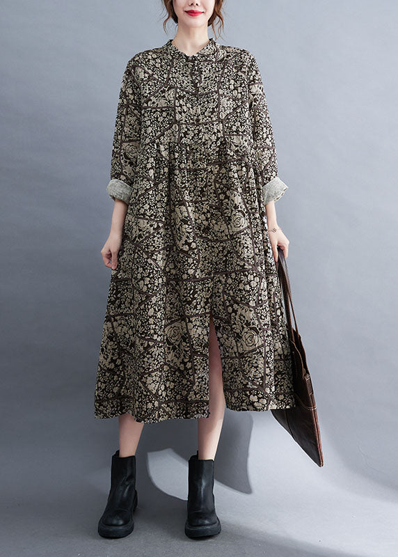 Stand Collar Button Print Patchwork Fall Maxi Dresses Long Sleeve