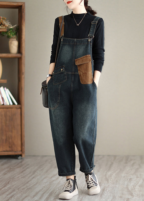 Dark Blue Pockets Patchwork Denim Jumpsuits Spring