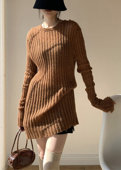 Coffee Loose Knit Sweater Mid Dress O-neck Fall