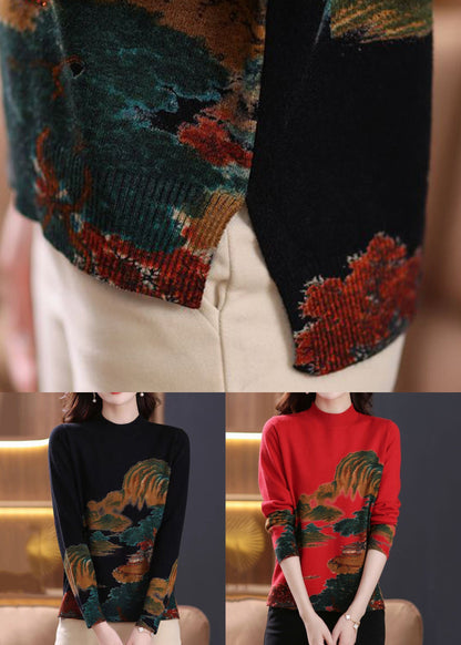 Red Print Cozy Wool Knit Tops O-neck Long Sleeve