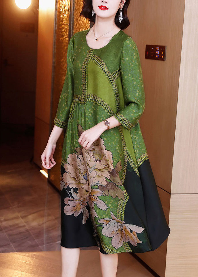 Green O Neck Print Patchwork Silk Long Dresses Spring