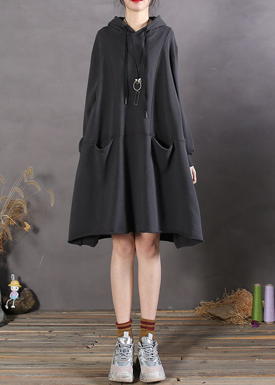 Black Hooded Patchwork Cotton Sweatshirts Spring Dress