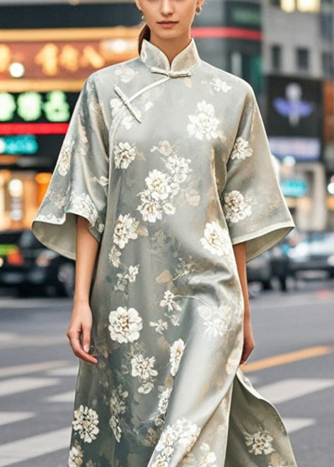 Chinese Style Print Side Open Silk Dress Half Sleeve