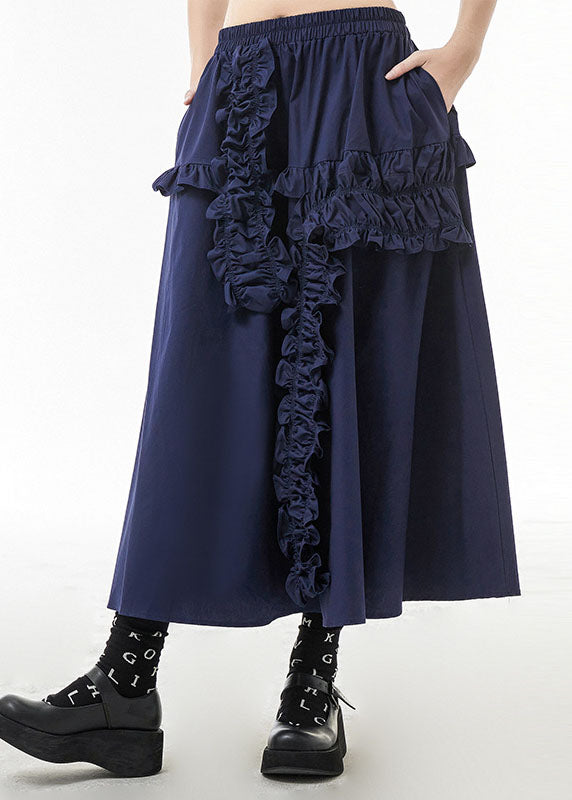 Blue Loose a Line Skirts Ruffled Elastic Waist Spring