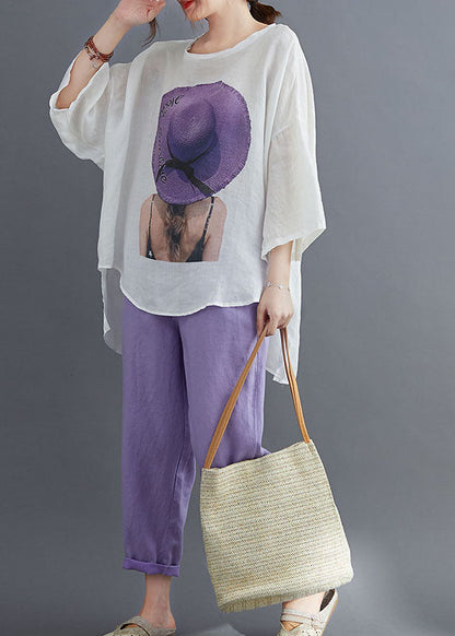 Purple Asymmetrical Design Print Cotton Two Pieces Set Summer