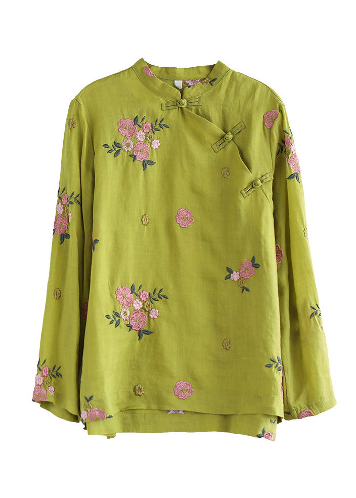 Fitted Yellow Mandarin Collar Embroideried Linen Blouse Top Long Sleeve