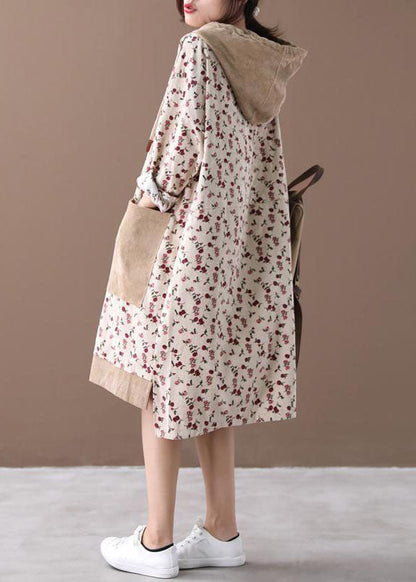 Khaki Hooded Print Corduroy Sweatshirts Dresses Spring
