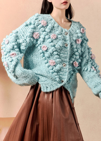 Blue O Neck Button Knit Cardigan Winter