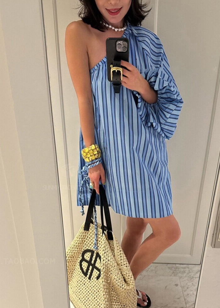 Blue Asymmetrical Striped Cotton Mid Dress Long Sleeve