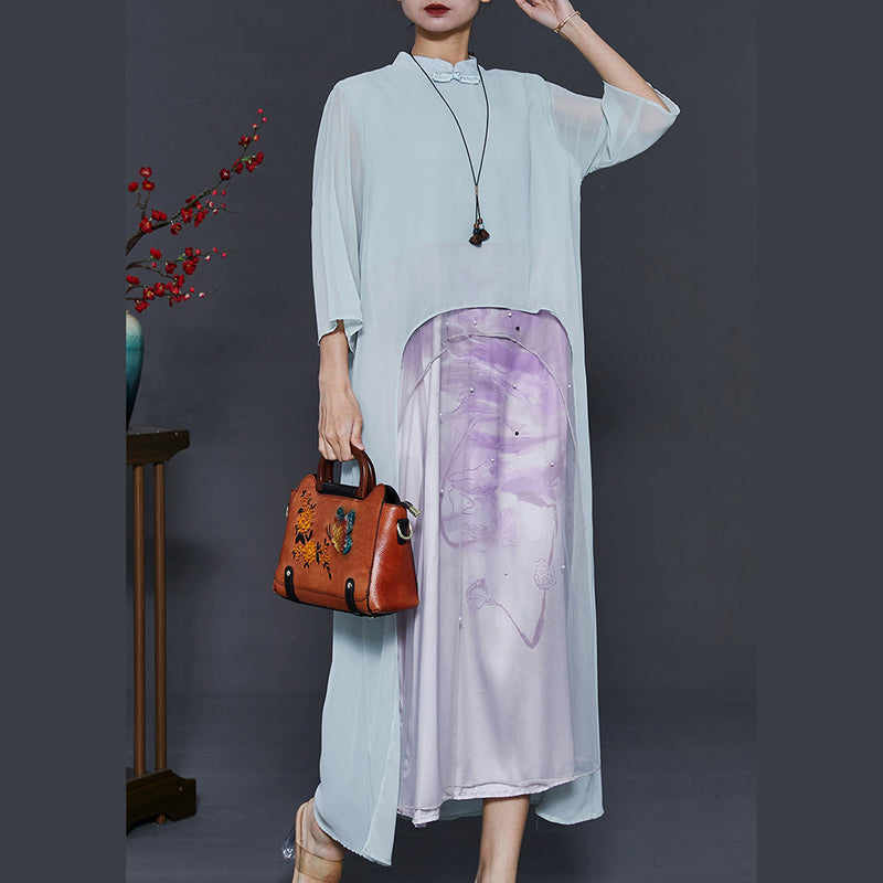 Green Asymmetrical Nail Bead Chiffon Oriental Dress Summer