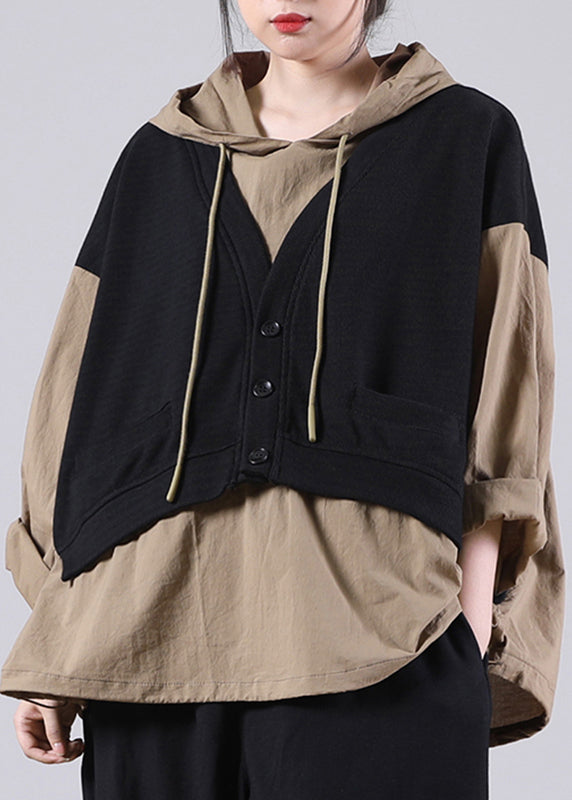 Black Drawstring Fake Two Pieces Hooded Sweatshirts Long Sleeve
