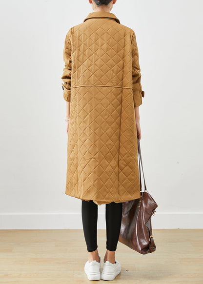 Khaki Notched Plaid Pockets Cotton Coats Fall