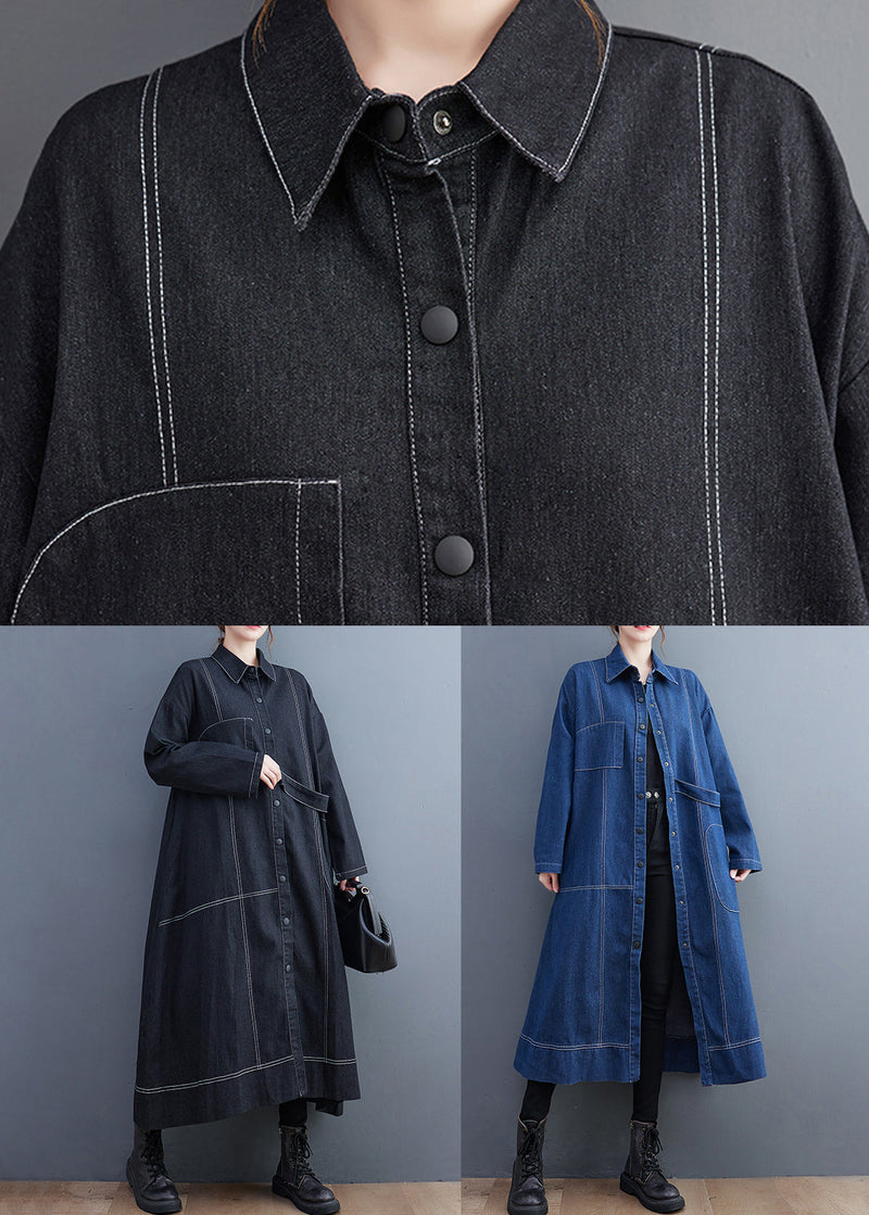 Blue Patchwork Denim Long Trench Coat Peter Pan Collar Long Sleeve Fall