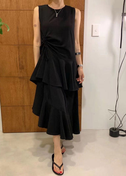 French Black O-neck Asymmetrical Drawstring Ruffled Maxi Layered Dress Summer
