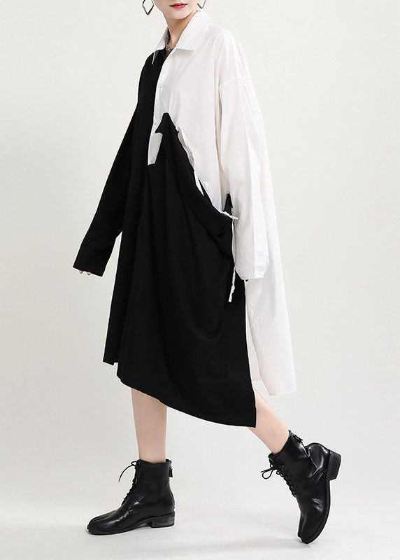 Black White Patchwork Asymmetrical Design Fall Dress Long Sleeve