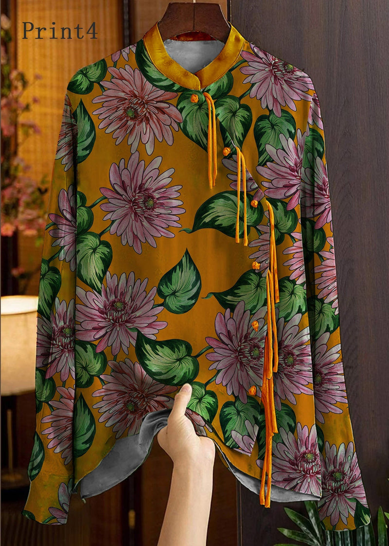 Yellow Text Mandarin Collar Button Print Silk Shirt Top Spring