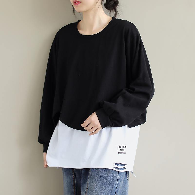 French Patchwork Cotton Springblouse Neckline Black Shirts