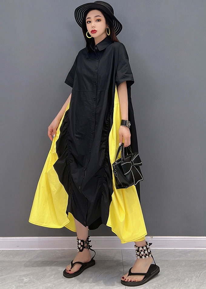 Black Yellow Colorblock Peter Pan Collar Wrinkled Cotton Shirt Dress Short Sleeve