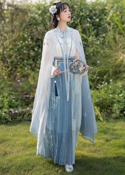 Chinese Style Beige Embroideried Tops and Blue Pleated Skirt Chiffon Two Pieces Set Fall