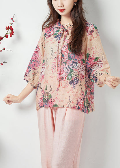 Pink Print Ruffled Lace Up Cotton Two Piece Suit Set Bracelet Sleeve