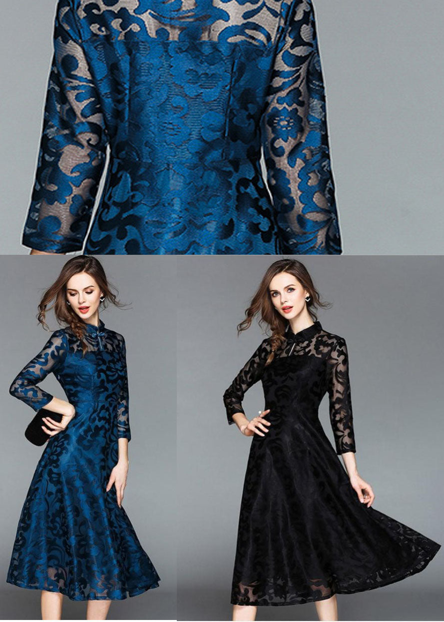 Black Embroideried Lace Dress Stand Collar Fall