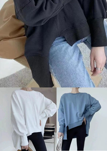 Blue Cotton Loose Sweatshirt O-neck Low High Design Spring