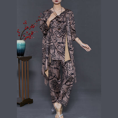 Style Brown Asymmetrical Print Three Piece Set Clothing Spring
