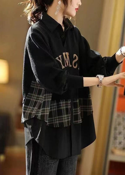 Coffee Peter Pan Collar False Two Pieces Knit Shirts Top Fall