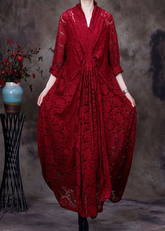 Red Lace Maxi Dresses Hollow Out Long Sleeve