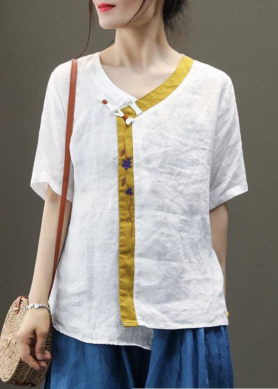 Purple Embroideried Asymmetrical Design Patchwork Summer Linen Blouse Top Short Sleeve