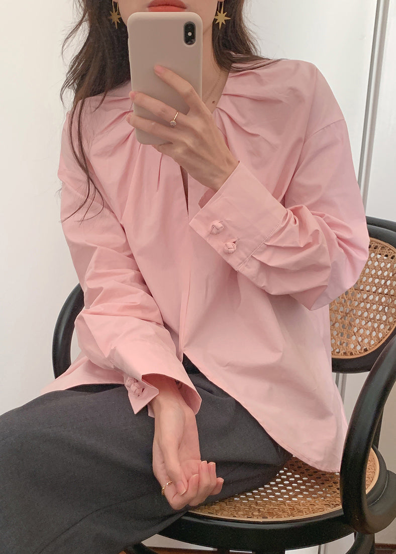 Pink O-neck Chinese Button Cotton Shirt Top Spring