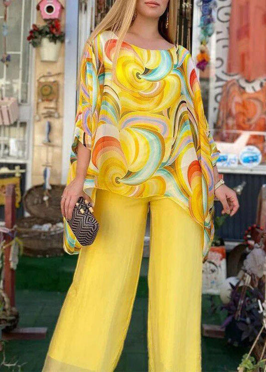 Natural Yellow O-neck Asymmetrical Print Top and Wide Leg Pants Two Pieces Set Fall