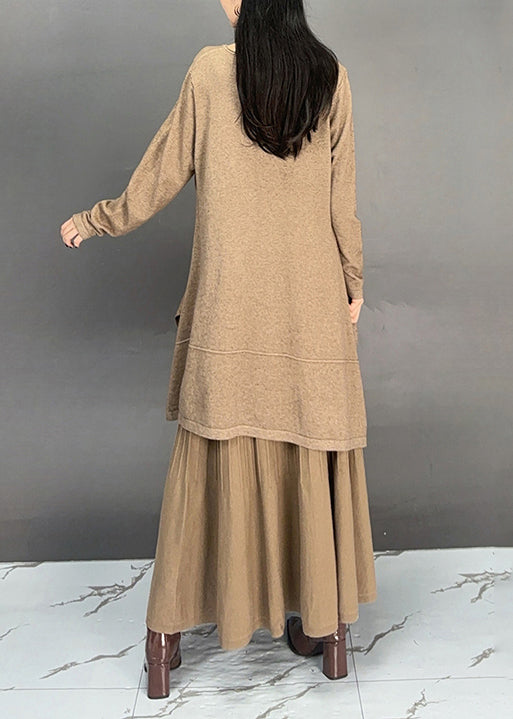 Khaki O Neck Cotton Two Pieces Set Fall