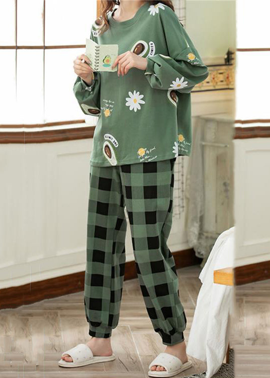 Green Print T Ahirt and Plaid Pants Cotton Pajamas Two Pieces Set Fall